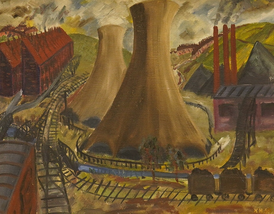 K.H. 1968, oil on board, Welsh power station and cooling chimneys, initialled and dated, 46 x 60cm. Condition - good